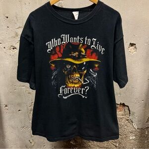 Vintage 90s Who Wants To Live Forever? Skeleton 3D Emblem Graphic T-Shirt XL